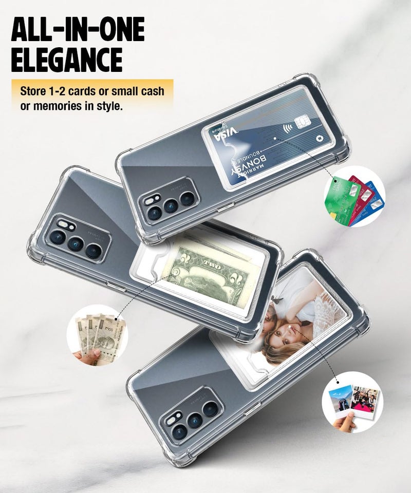 WOW IMAGINE Transparent Back Cover Case for Oppo Reno 6 5G | Flexible Built-in Slim Card Pockets Wallet | 360° Camera Protection TPU | Soft Silicone Mobile Cover - Transparent - Image 4
