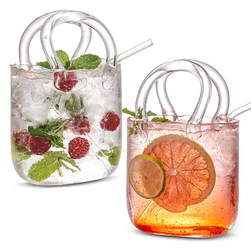 USEEKRIL Glass Purse for Drinks Set of 2,24oz Unique Thick Wine Glasses Gifts for Women Party,Fish Bowl Vase,Creative Drinking Glass for Fruit Juice,Tea,Flowers (Bubbled) - Image 1