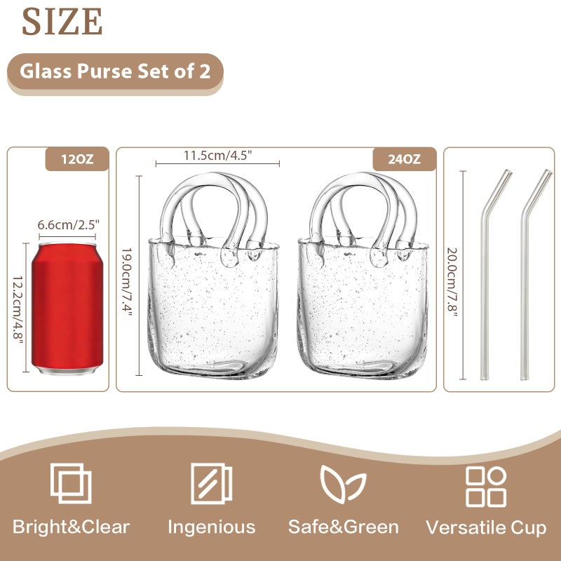 USEEKRIL Glass Purse for Drinks Set of 2,24oz Unique Thick Wine Glasses Gifts for Women Party,Fish Bowl Vase,Creative Drinking Glass for Fruit Juice,Tea,Flowers (Bubbled) - Image 2