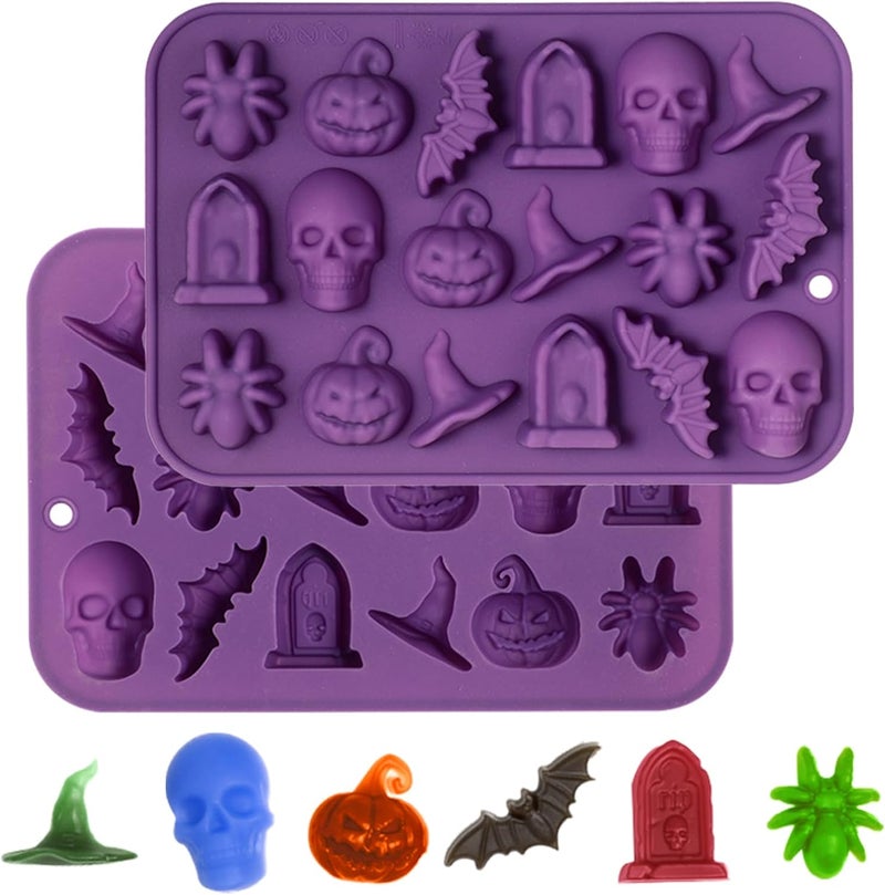 Webake Halloween Candy Chocolate Molds 3D, 18-Cavity Halloween Silicone Molds Shaped with Skull Pumpkin Witch Hat Bat Spider Tombstone for Baking Chocolate Jelly Gummy Dessert (2 PACK) - Image 1