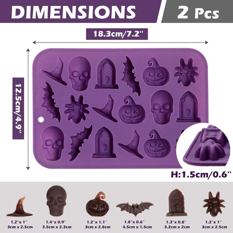 Webake Halloween Candy Chocolate Molds 3D, 18-Cavity Halloween Silicone Molds Shaped with Skull Pumpkin Witch Hat Bat Spider Tombstone for Baking Chocolate Jelly Gummy Dessert (2 PACK) - Image 3
