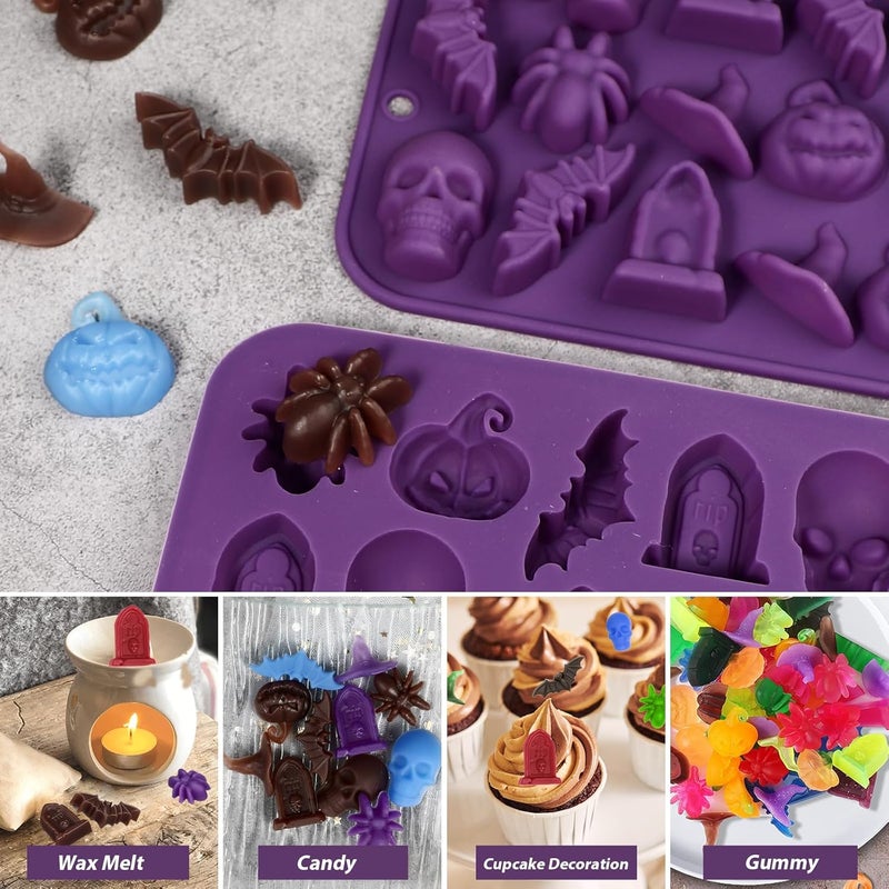 Webake Halloween Candy Chocolate Molds 3D, 18-Cavity Halloween Silicone Molds Shaped with Skull Pumpkin Witch Hat Bat Spider Tombstone for Baking Chocolate Jelly Gummy Dessert (2 PACK) - Image 2