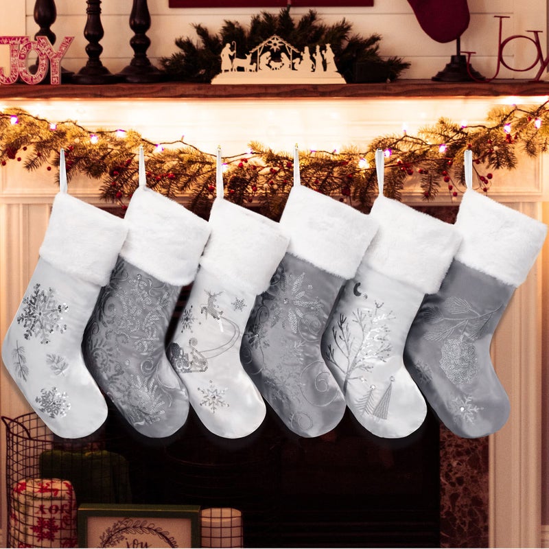 GEX Christmas Stockings 6 Pack for Family 20 Large Silver Grey Satin with Sequins Faux Fur Rhinestones Embroidered Classic Luxury Fireplace Tree Decorations Ornament for Xmas Season Set of 6
