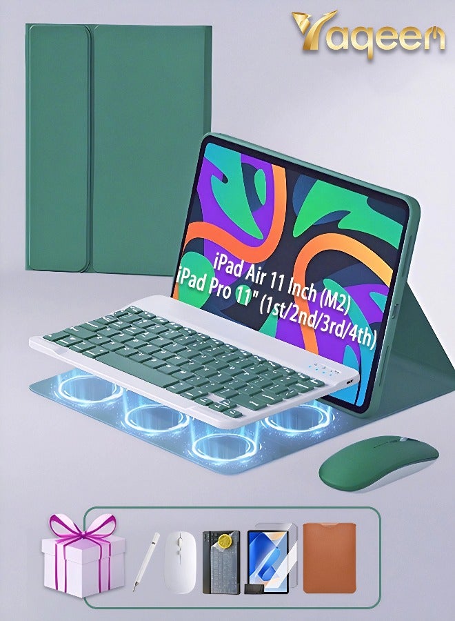 Magic Keyboard Case for iPad Air 11 Inch (M2) & iPad Pro 11 Inch (1st/2nd/3rd/4th Generation) , iPad Keyboard For Case 10.9 Inch iPad Air 4th/5th Gen, Keyboard For iPad Cover With Mouse Set Wrapped Anti-Fall Leather Built-In Pen Slot Flip-Top Smart Wake-Up/AED 89 Gift Set-Freebies 2-In-1 Screen Protector/Desert Dust Defender/Writing Pen/Leather Compatible - Green
