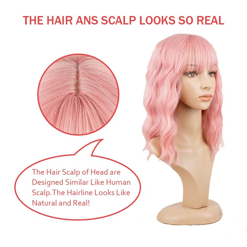 PHOENIXFLY Pink Wavy Wigs With Bangs Short Bob Wig for Women Curly Synthetic Cosplay Wig for Girls Daily Use Colorful Wigs(14 Inch,Pink) - Image 4