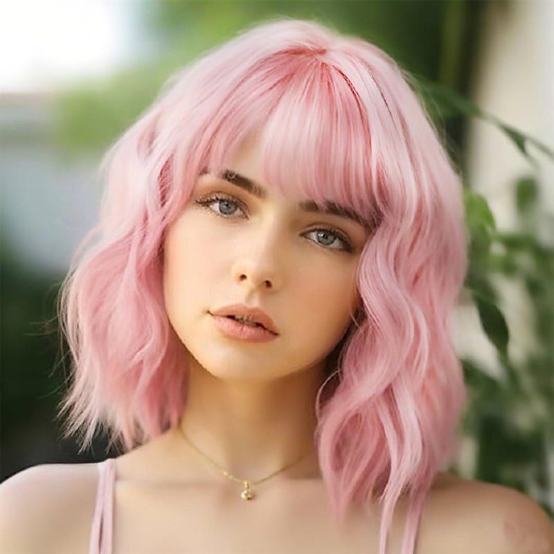 PHOENIXFLY Pink Wavy Wigs With Bangs Short Bob Wig for Women Curly Synthetic Cosplay Wig for Girls Daily Use Colorful Wigs(14 Inch,Pink) - Image 1