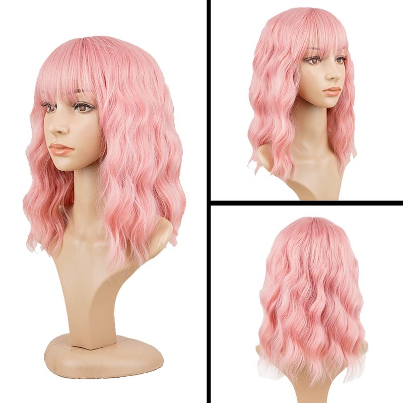 PHOENIXFLY Pink Wavy Wigs With Bangs Short Bob Wig for Women Curly Synthetic Cosplay Wig for Girls Daily Use Colorful Wigs(14 Inch,Pink) - Image 2