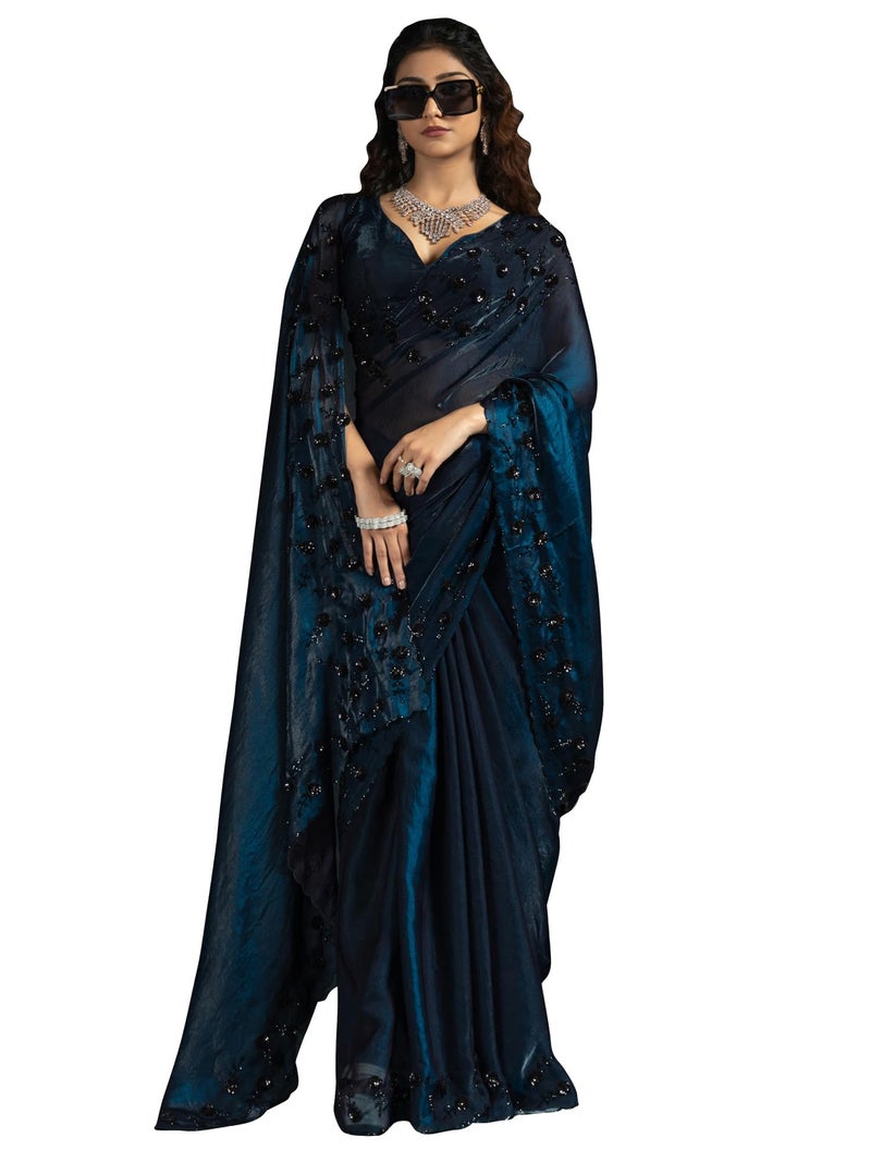 saree mall ساري مول ساري حرير ساتان أزرق مزين بالخرز مع قطعة بلوزة غير مخيطة (MORPNKH1099A_MK) - Image 1
