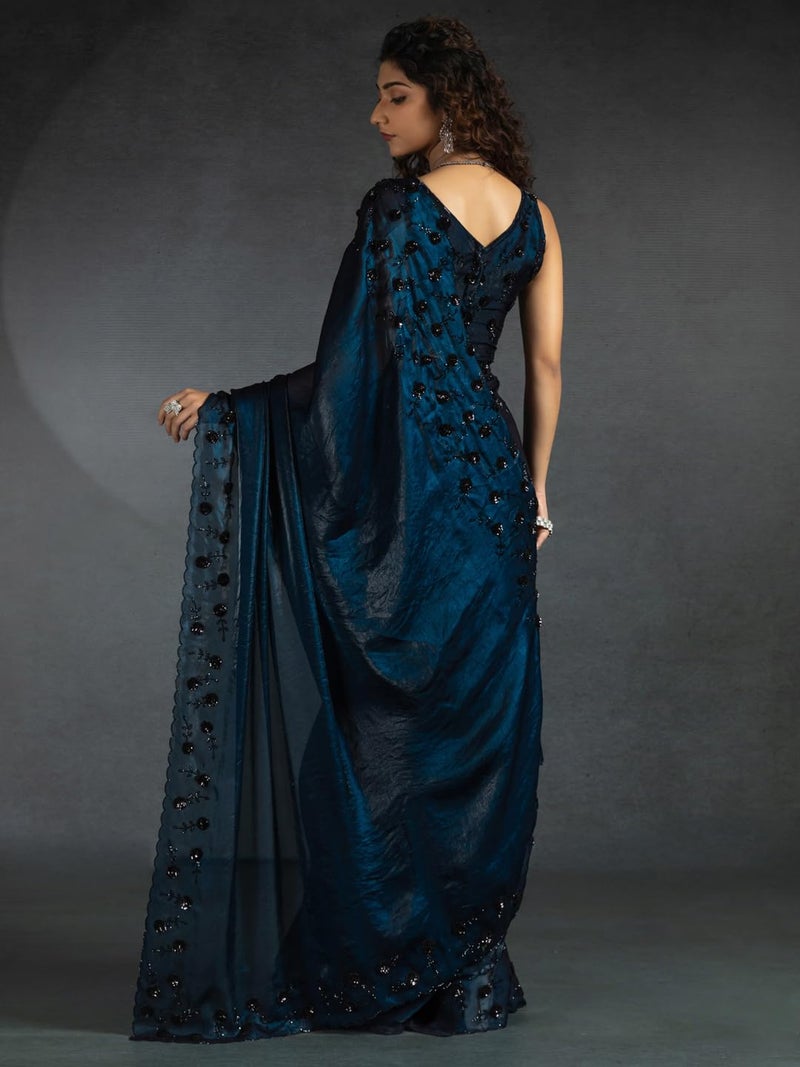 saree mall ساري مول ساري حرير ساتان أزرق مزين بالخرز مع قطعة بلوزة غير مخيطة (MORPNKH1099A_MK) - Image 2