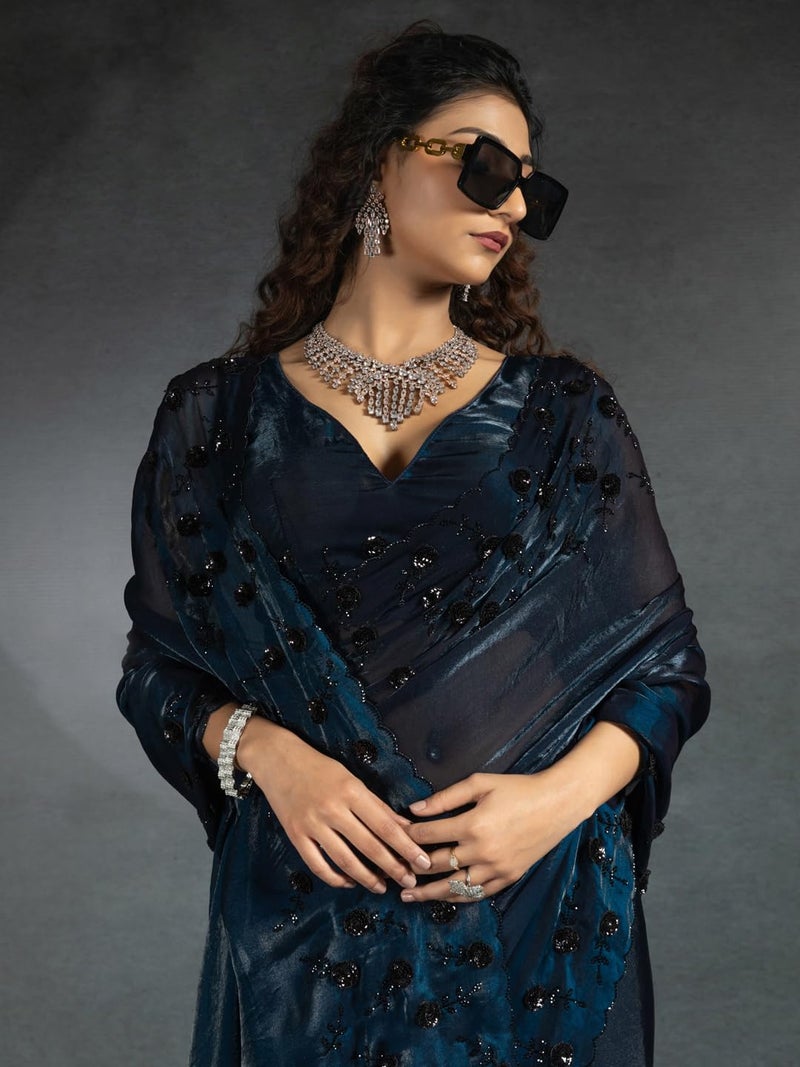 saree mall ساري مول ساري حرير ساتان أزرق مزين بالخرز مع قطعة بلوزة غير مخيطة (MORPNKH1099A_MK) - Image 5