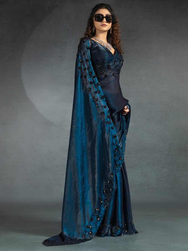 saree mall ساري مول ساري حرير ساتان أزرق مزين بالخرز مع قطعة بلوزة غير مخيطة (MORPNKH1099A_MK) - Image 4