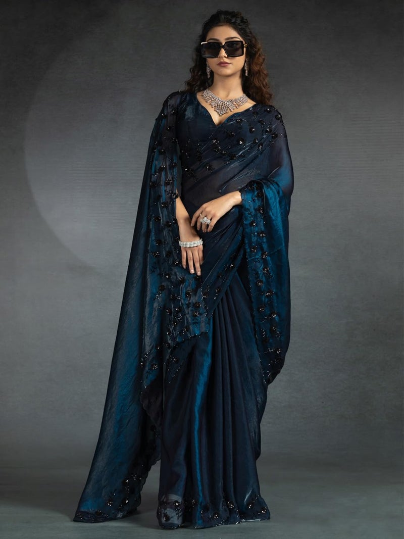 saree mall ساري مول ساري حرير ساتان أزرق مزين بالخرز مع قطعة بلوزة غير مخيطة (MORPNKH1099A_MK) - Image 3