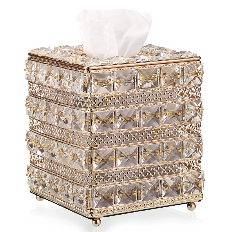 Sumnacon Crystal Square Tissue Box Cover  Sparkling Cube Glass Tissue Box Holder Decorative Facial Tissue Holder for Bedroom Bathroom Dresser Night Stand Table Office Home Decor Gold