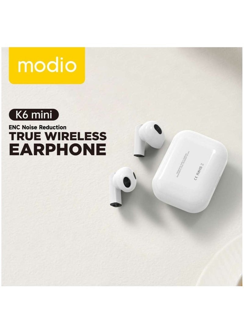 modio K6 Mini True Wireless Earphones – Enhanced Noise Reduction, Super Bass, HD Microphone for Android Phones & Tablets – White - Image 2