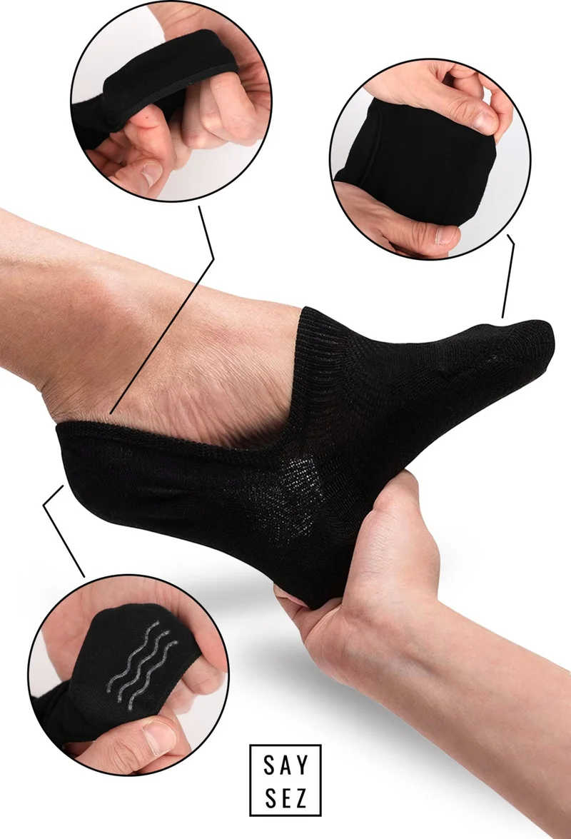 Saysez Bamboo Women's Ballerinas 3 Black - 3 White Socks Seamless Invisible Non-Slip Heel Silicone Premium Pack of 6
