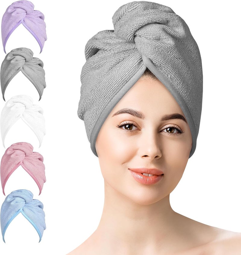 YoulerTex Microfiber Hair Towels Wrap Women 5 Packs Hair Turban Towel Set Curly Hair Products for Hair Care  Hair Drying Towel for Hair Dryer Shower Cap  Hair Accessories for Woman 5 Packs