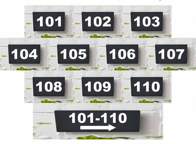 RL Digital Units Number Plate 101 -110 , Combo pack 11 Number Plate Room, Hotel, Hospital, Lodge,Apartment, Flat,Door No,College, Library, Rack Numbers Warehouse,, Acrylic black board with white letters number plate fixed with water proof pvc sticker and strong double side tape - Image 1