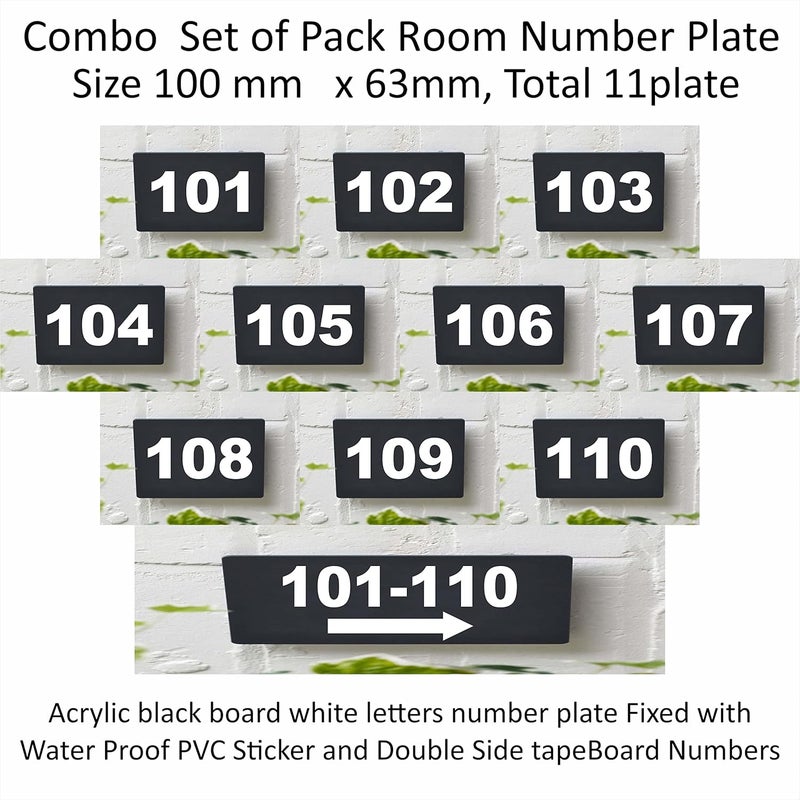 RL Digital Units Number Plate 101 -110 , Combo pack 11 Number Plate Room, Hotel, Hospital, Lodge,Apartment, Flat,Door No,College, Library, Rack Numbers Warehouse,, Acrylic black board with white letters number plate fixed with water proof pvc sticker and strong double side tape - Image 2