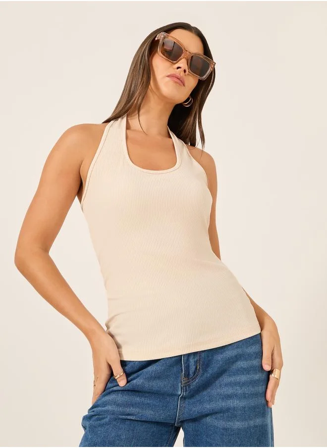 Styli Styli Ribbed Halter Neck Fitted Tank T-Shirt