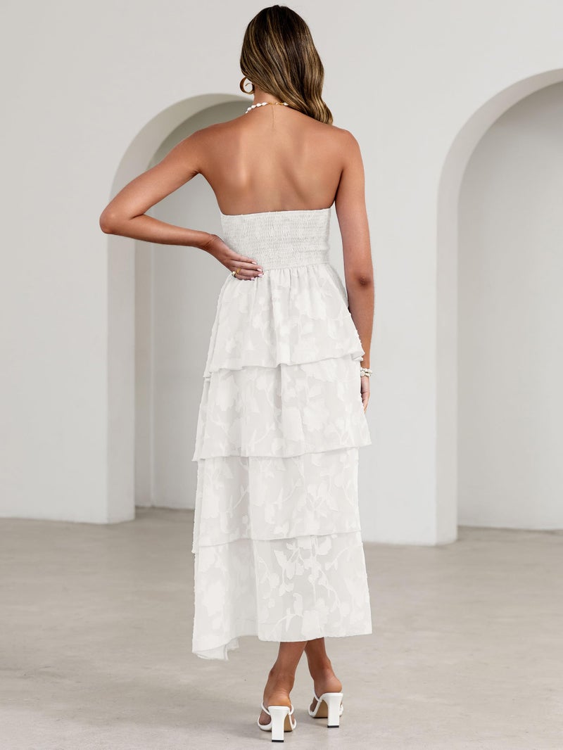 Simplee Womens White Wedding Guest Maxi Dress 2026 Smocked Tiered Ruffle Long Flowy Chiffon Dresses Off The Shoulder Holiday Long Sundresses(White XL) - Image 5