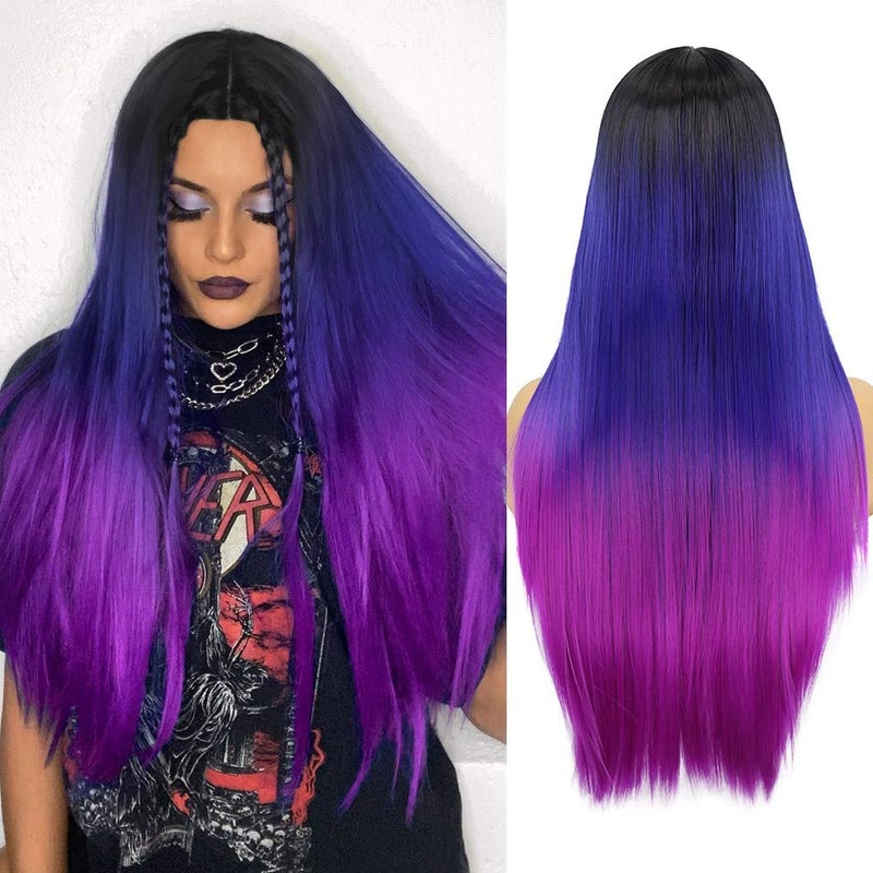 WIGER Long Straight Ombre Wigs Rainbow Mermaid Purple Wigs for Women Black To Blue To Hot Pink No Lace ThreeTone Colored Cosplay Hair 26 Inches Synthetic Girls Party Wig