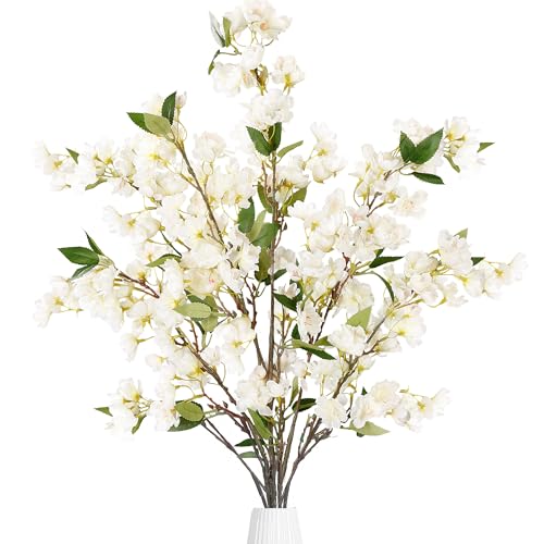 Sggvecsy Artificial Cherry Blossom Flowers 3 Pcs Faux Cherry Blossom Stems Faux Silk Cherry Blossom Branches 354 Fake Flowers Long Stems for Vase Arrangements Home Wedding Table Decor White - Image 1