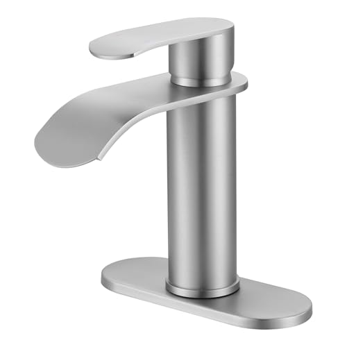 WOWOW Brushed Nickel Bathroom FaucetSingle Hole Waterfall Bathroom Faucets Sink with cUPC Supply Lines and Pop Up DrainModern Single Handle Bathroom Faucet 1 Hole for CountertopBathroom Sink Faucet - Image 1