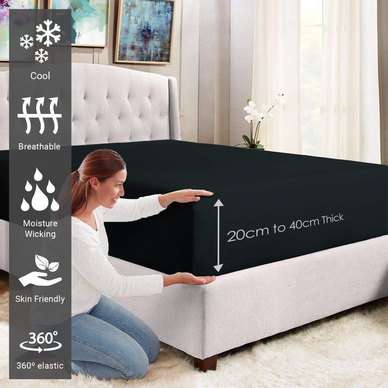 PIZUNA 100% Cotton Super King Fitted Sheets 200x200 cm Black, 400 Thread Count Long Staple Cotton Sateen Super King Size Fitted Bed Sheet Set with Deep Pocket Fits 40cm (Fitted Sheet 1 PC) - Image 2