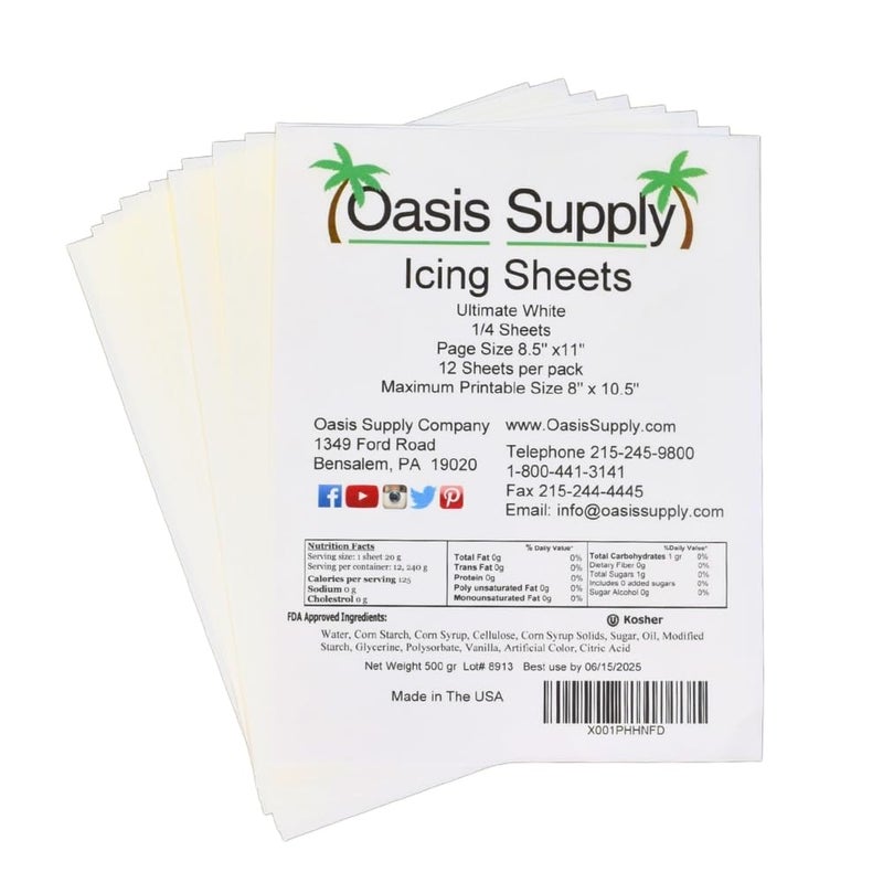 Oasis Supply Ultra-Flexible Edible Icing Sheets â€“ 12 Frosting Sheets, 8.5â€ x 11â€ Letter Size â€“ Premium White Printable Edible Paper for Photos, Cake Toppers & Decorating â€“ Made in USA