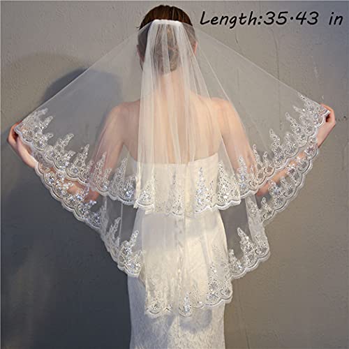 Bmirth Bride Fingertip Wedding Veils White Bridal Veils 2 Tiers Ivory Veils for Women Wedding with Flower Lace Edge and Comb (A-white) (Lace veil) - Image 2
