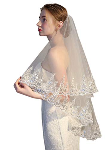 Bmirth Bride Fingertip Wedding Veils White Bridal Veils 2 Tiers Ivory Veils for Women Wedding with Flower Lace Edge and Comb (A-white) (Lace veil) - Image 1