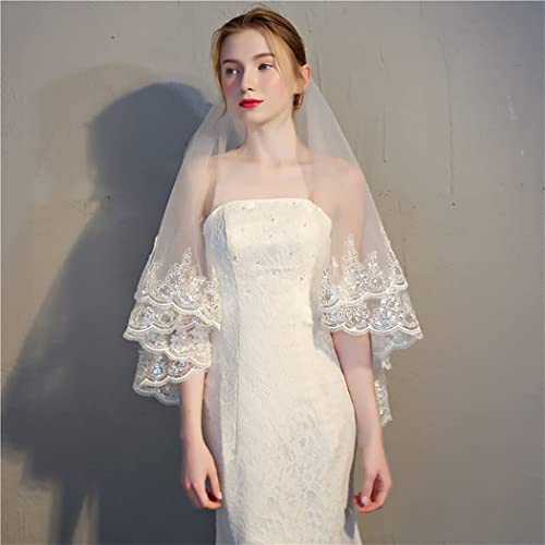 Bmirth Bride Fingertip Wedding Veils White Bridal Veils 2 Tiers Ivory Veils for Women Wedding with Flower Lace Edge and Comb (A-white) (Lace veil) - Image 5