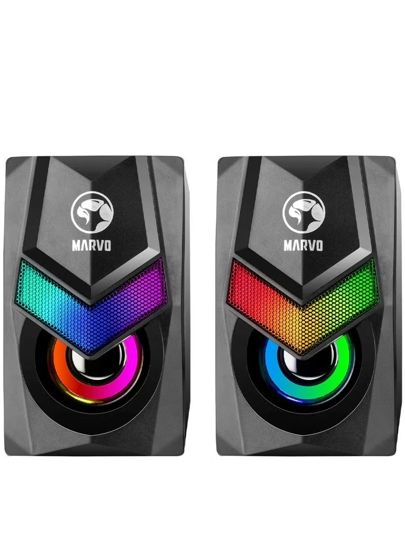 BlueFire Marvo SG-118 RGB Stereo Gaming Speaker 6W (3W×2) | Dual 2.0 Channel Multimedia Mini Wired Speaker with USB Power & 3.5mm Audio Jack | Dynamic RGB LED Lights | Immersive Stereo Bass Sound | Compact Desktop Sound System for PC, Laptop & Mobile | Plug & Play Design for Gamers & Music Lovers – Black - Image 1
