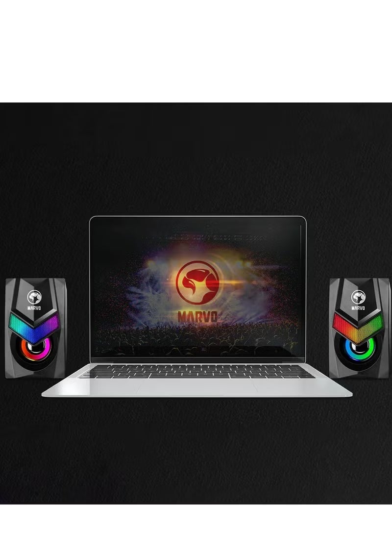 BlueFire Marvo SG-118 RGB Stereo Gaming Speaker 6W (3W×2) | Dual 2.0 Channel Multimedia Mini Wired Speaker with USB Power & 3.5mm Audio Jack | Dynamic RGB LED Lights | Immersive Stereo Bass Sound | Compact Desktop Sound System for PC, Laptop & Mobile | Plug & Play Design for Gamers & Music Lovers – Black - Image 4