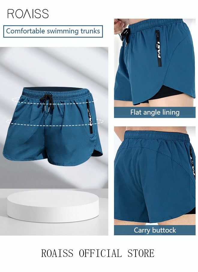 roaiss Men's Swimming Trunks Beachwear Quick Dry Double Layer Beach Pants Gym Wear Fitness Workout Short Sports Running Boxer Swim Shorts Swimsuit Summer Blue  - Image 3