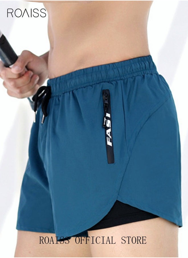 roaiss Men's Swimming Trunks Beachwear Quick Dry Double Layer Beach Pants Gym Wear Fitness Workout Short Sports Running Boxer Swim Shorts Swimsuit Summer Blue  - Image 2