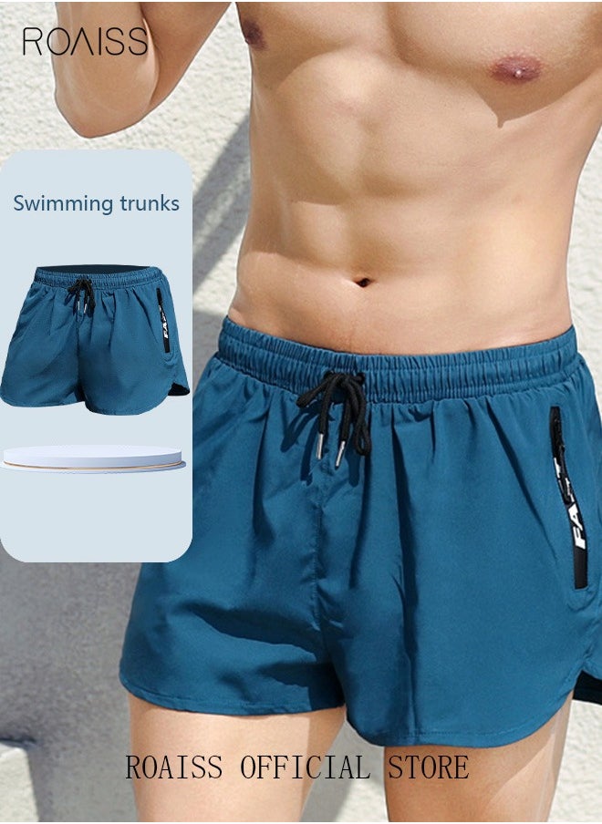 roaiss Men's Swimming Trunks Beachwear Quick Dry Double Layer Beach Pants Gym Wear Fitness Workout Short Sports Running Boxer Swim Shorts Swimsuit Summer Blue  - Image 1