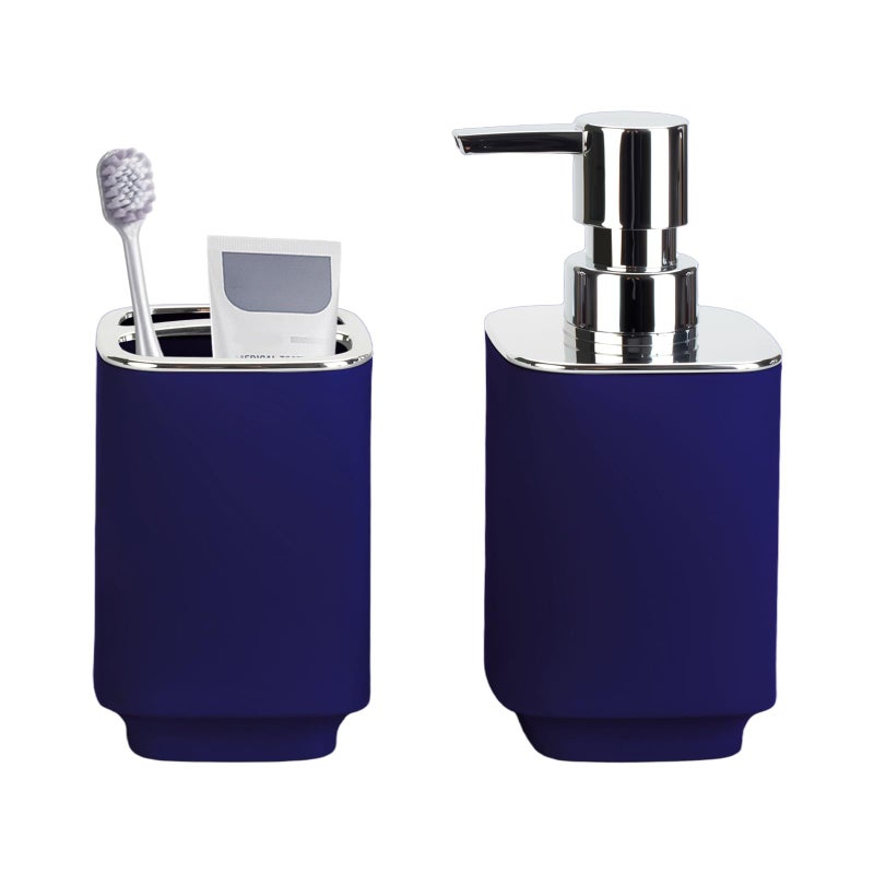 RRM Navy Blue Bathroom Accessories 2 Pieces, Soap Dispenser and Toothbrush Holder Set for Boho Bathroom - Image 1