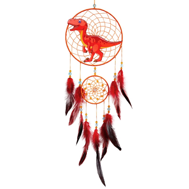 Basumee Dream Catcher for Kids Feather Dream Catchers Handmade Home Decor Wall Hanging with Double Ring for Nursery Bedroom Boys Room Red Dinosaur