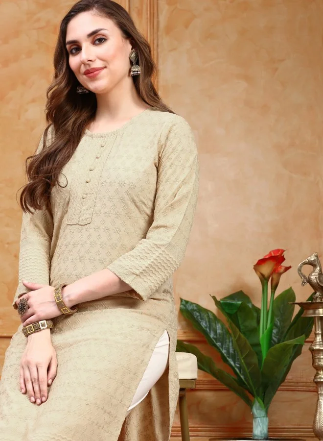 آي شين Women's Beige 100% Cotton Self Design A-Line Kurta