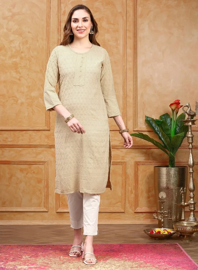 آي شين Women's Beige 100% Cotton Self Design A-Line Kurta