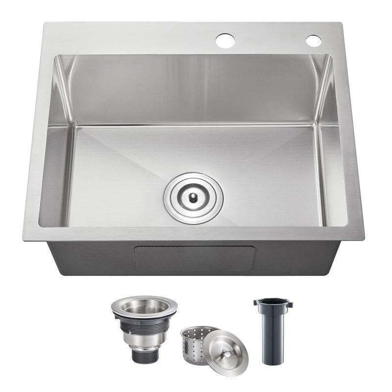 POPFLY 22 Kitchen Sink 22 x 18 Inch Drop in 304 Stainless Steel Single Bowl Sink 2Hole Topmount Handmade Small Prep Bar Sink Brushed