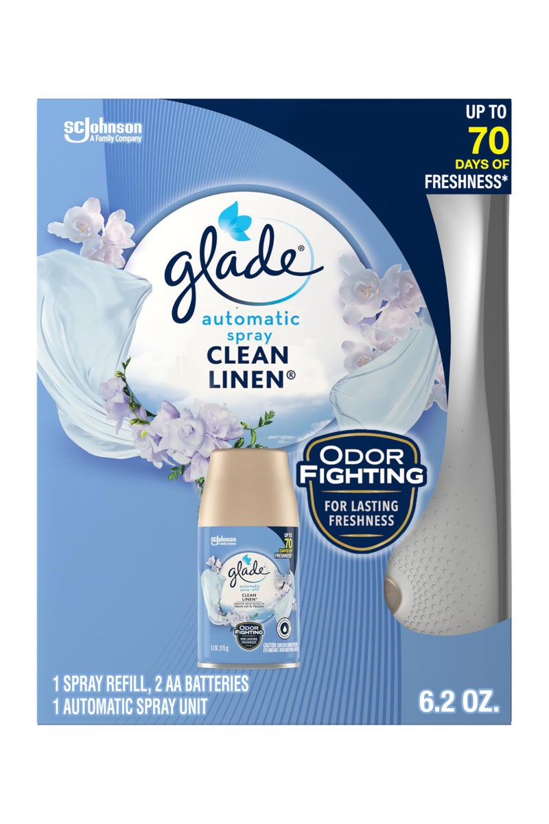 Glade Automatic Spray Refill and Holder Kit, Air Freshener for Home and Bathroom, Clean Linen, 6.2 Oz - Image 1