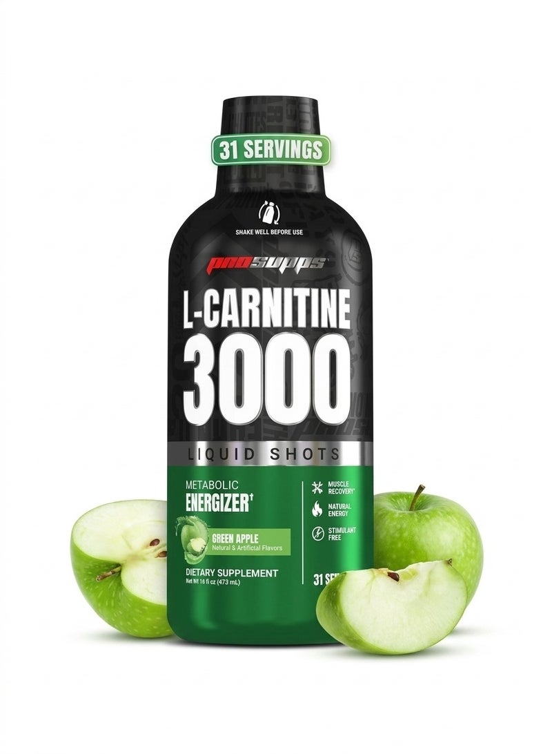 L-Carnitine 3000 Liquid Fat Burner - Green Apple - 31 Servings - Fast-Acting Metabolic Performance & Fat Oxidation Support Supplement