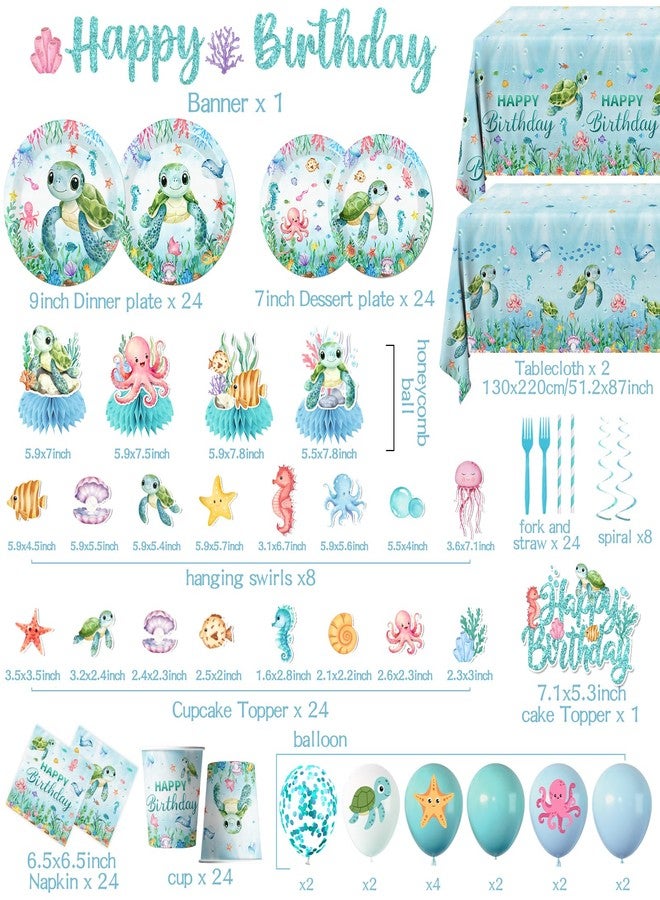 Peghoqu 206pcs Ocean Turtle Birthday Party Supplies Under the Sea Decoration Ocean Sea Animal Disposable Plates Napkins,Tablecloth,Cups,Balloon,Forks,Cake Toppers for Sea Turtle Birthday Theme Decor,Serve 24 - Image 3