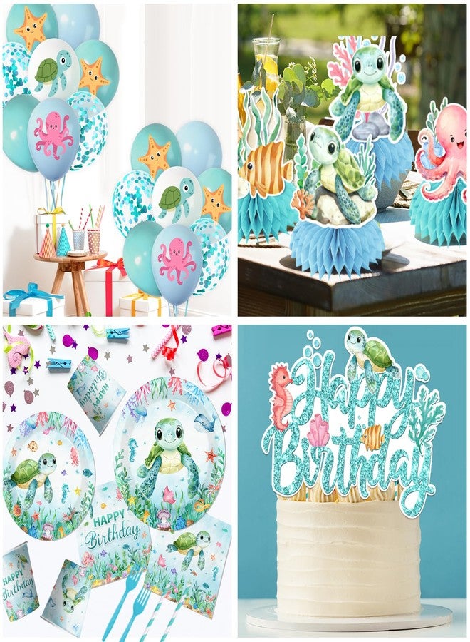 Peghoqu 206pcs Ocean Turtle Birthday Party Supplies Under the Sea Decoration Ocean Sea Animal Disposable Plates Napkins,Tablecloth,Cups,Balloon,Forks,Cake Toppers for Sea Turtle Birthday Theme Decor,Serve 24 - Image 4