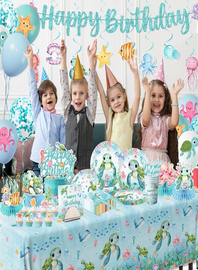 Peghoqu 206pcs Ocean Turtle Birthday Party Supplies Under the Sea Decoration Ocean Sea Animal Disposable Plates Napkins,Tablecloth,Cups,Balloon,Forks,Cake Toppers for Sea Turtle Birthday Theme Decor,Serve 24 - Image 2