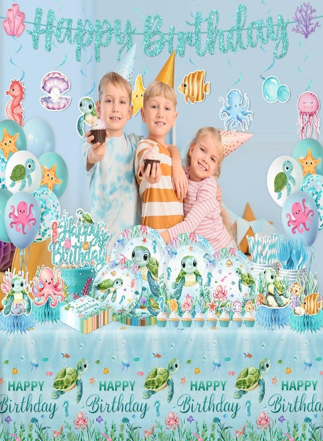 Peghoqu 206pcs Ocean Turtle Birthday Party Supplies Under the Sea Decoration Ocean Sea Animal Disposable Plates Napkins,Tablecloth,Cups,Balloon,Forks,Cake Toppers for Sea Turtle Birthday Theme Decor,Serve 24 - Image 5