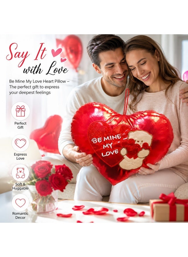 وسادة محشوة على شكل قلب بتصميم دبدوب، باللون الأحمر، مقاس 40 سم، مطرزة بعبارة "Be Mine My Love"، هدية رومانسية لعيد الحب للزوجة أو الحبيبة أو الأطفال، مناسبة لتزيين المنزل. هدية مثالية لعيد الفالنتاين - Image 1