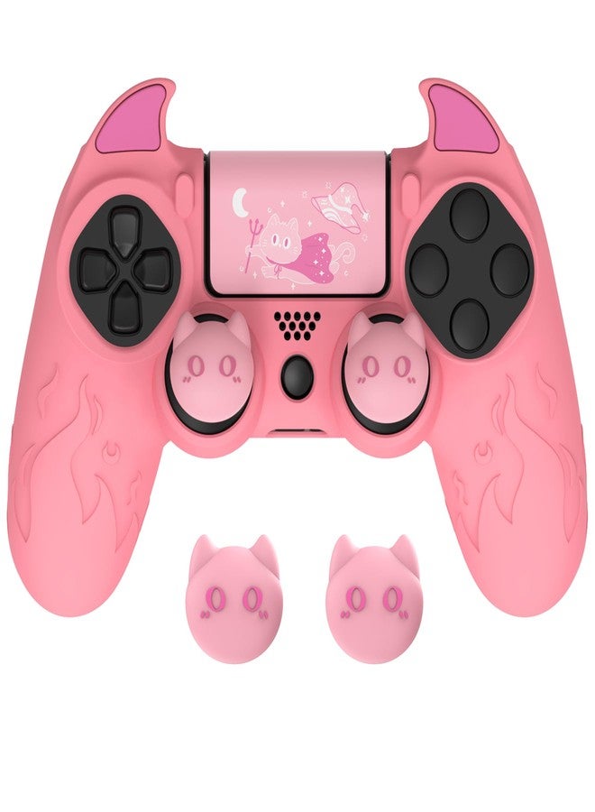 PlayVital Cute Demon Controller Skin for ps4 with Thumb Grips & Stickers, Kawaii Anti-Slip Silicone Cover Grip Protector for ps4 Slim/Pro Controller - Pink - Image 1